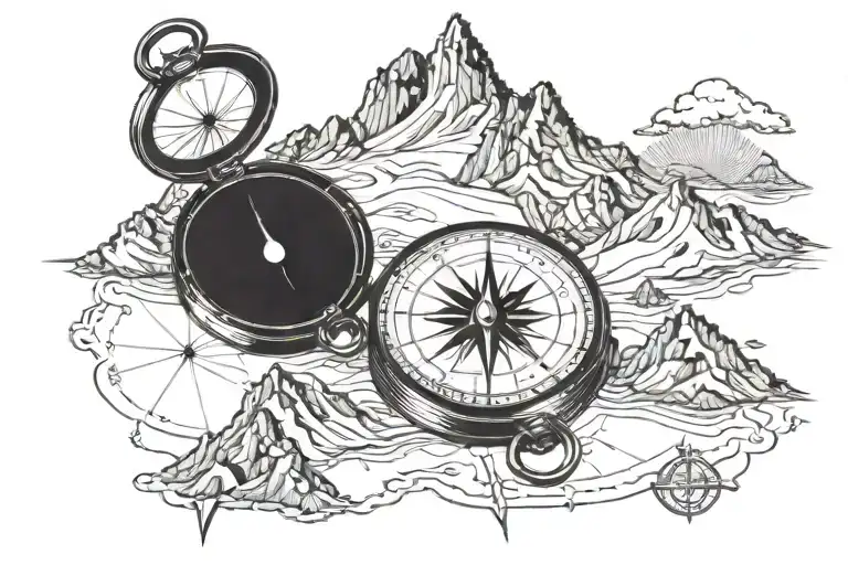 A detailed blackwork tattoo of a military compass with a map overlay, surrounded by fishing hooks and a mountain landscape tattoo design idea