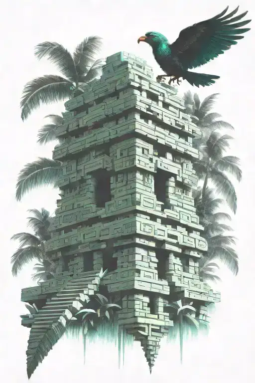 quetzal bird  mayan temple in banana tree forest tattoo design idea