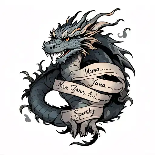 A dragon wrapped around arm with the names "Mama, Yana and Sparky" written in it. tattoo design idea