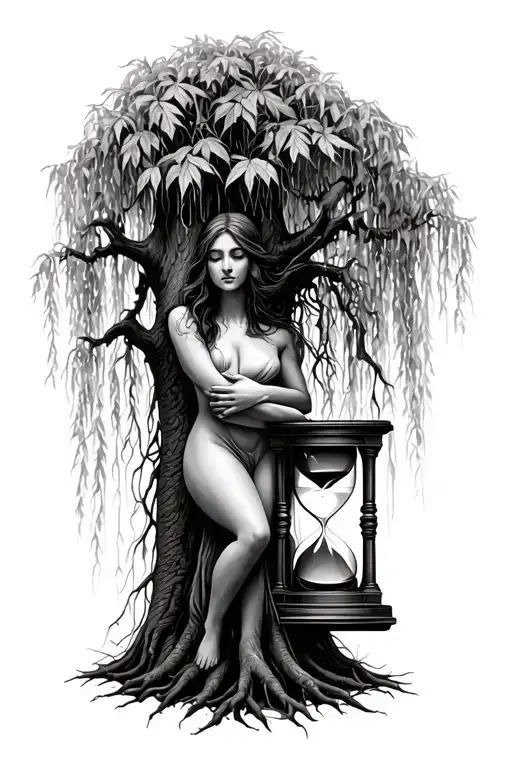 A weeping willow with a woman's trunk, two branches of which will leave from the trunk to hug a hourglass on the right tattoo design idea