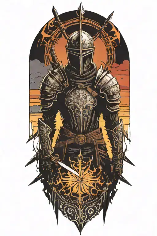 warrior with a dark souls inspired design, surrounded by a sunset backdrop  body gender tattoo design idea