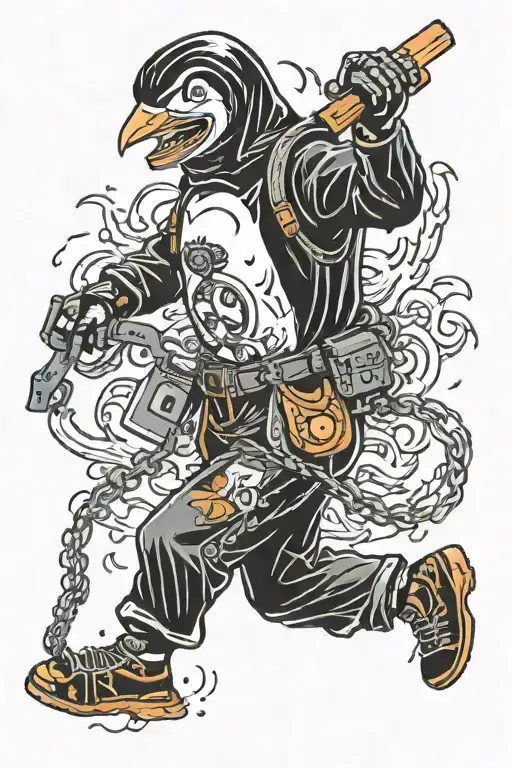 penguin running a chainsaw man anime tattoo design idea