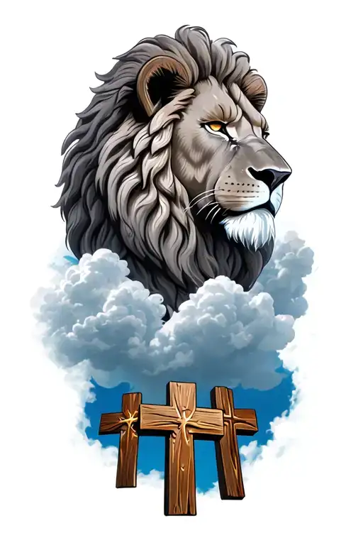grey lion looking to the right, three wooden crosses below the lions head. clouds surrounding tattoo design idea