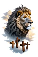 grey lion looking to the right, three wooden crosses below the lions head. clouds surrounding tattoo design idea
