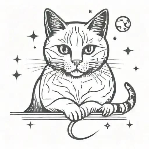 An intricate design of a cat constellation gazing at a camera-shaped moon tattoo design idea