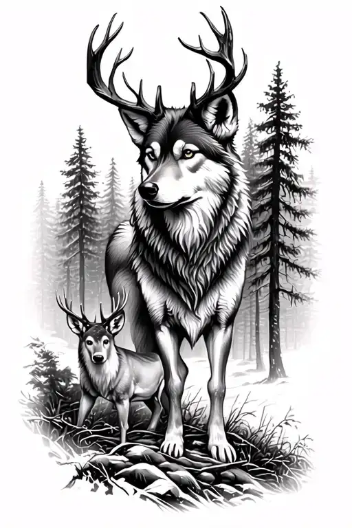 wolf hunting a deer in deep forest, in depth features to the forestry  tattoo design idea