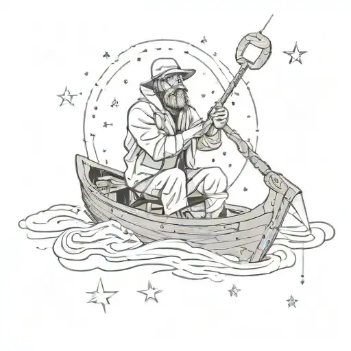 can you draw me a tattoo of a fisherman in the afterlife in a boat with a starry sky tattoo design idea