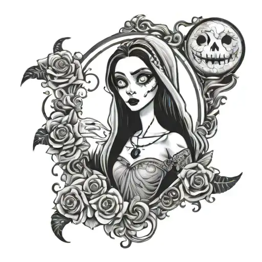 corpse bride in Halloween frame with half moon phases tattoo design idea
