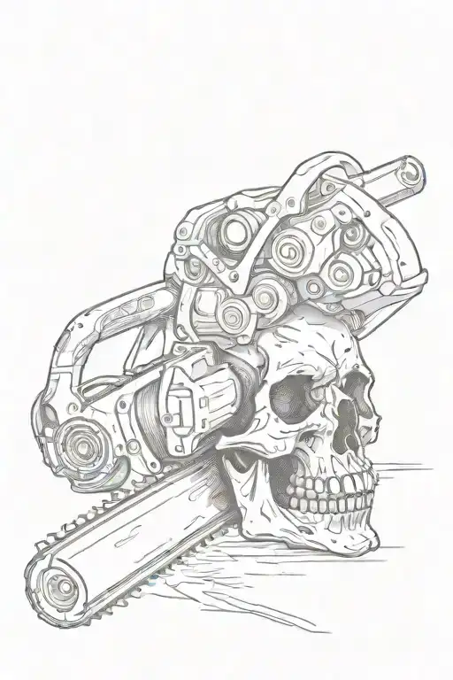 skull with chainsaw cutting tattoo design idea