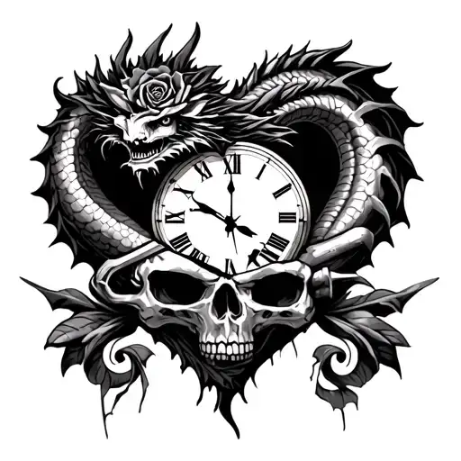 heart clock broken & stuck at 11 dragon wrapped on outside the clock. around tattoo gun, motorcycle, skull,420,rose,dad, tattoo design idea