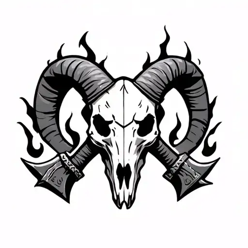 Ram skull with Viking axes and flames  tattoo design idea