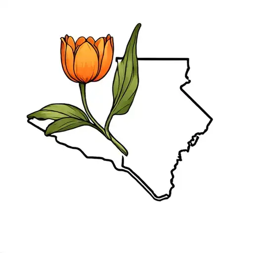 north carolina border outline with a small orange tulip over it tattoo design idea