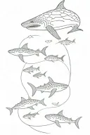 mountains, sea turtles, ocean waves, butterflies in a black outline with blue shadow outlining, whale shark tattoo design idea