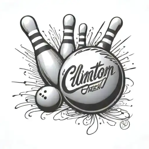 a bowling ball hitting pins and a cursive writing of Clinton green 1968-2023 simple tattoo design idea