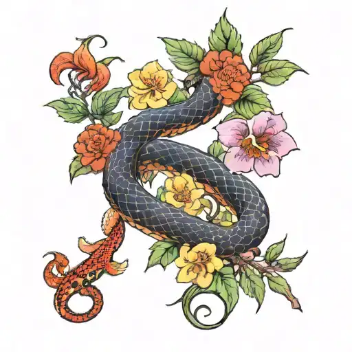 A red snake in the middle with two purple larkspur flowers, one red rose, one yellow primrose, one orange  tattoo design idea