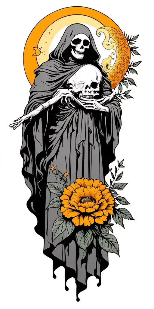 grim reaper full body with sun and moon with flowers tattoo design idea