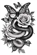 butterflies, snakes, and roses intertwined tattoo design idea
