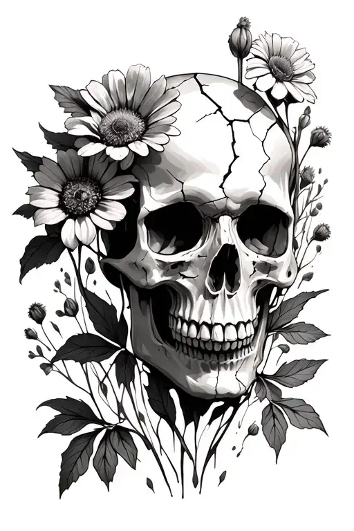 cracked skull and wild flowers growing tattoo design idea