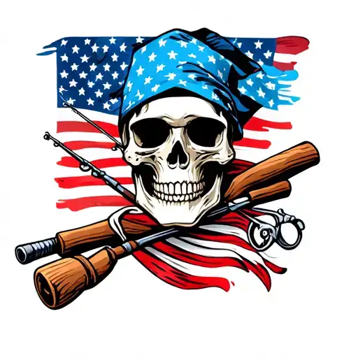 skull with American flag bandana fishing poles tattoo design idea