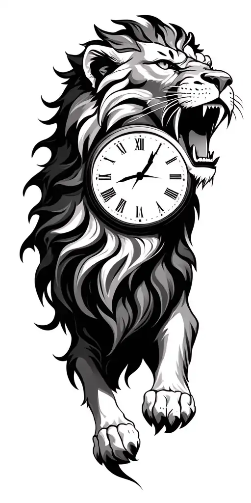 Roaring lion with clock in mouth tattoo design idea