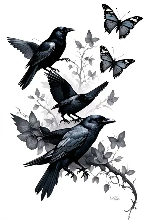 crows chasing butterflies tattoo design idea