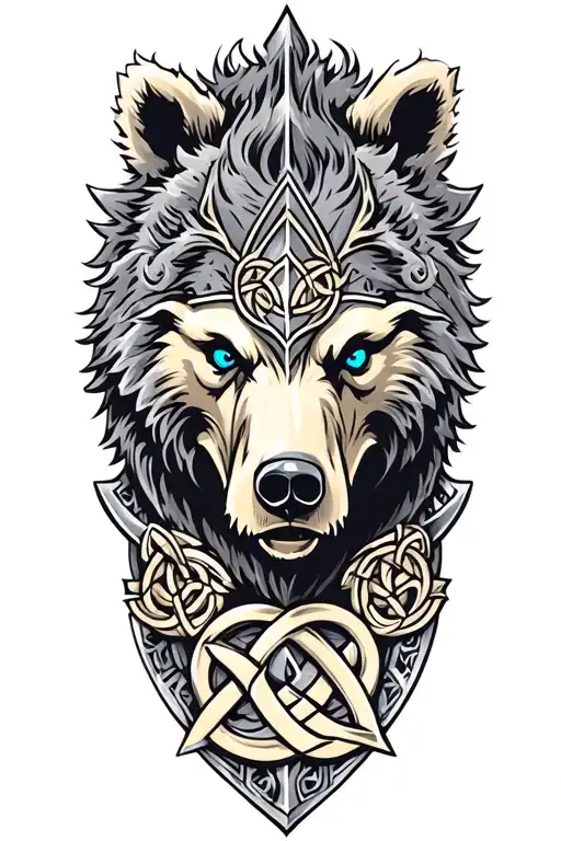 bear with blue eyes on armor tattoo design featuring Celtic trinity knot  tattoo design idea