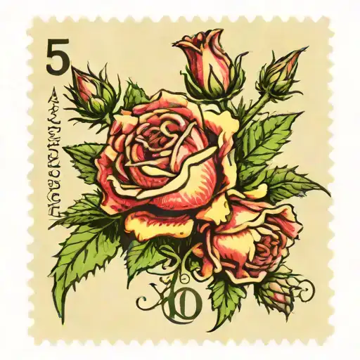 Postage stamp of English rose, Scottish thistle, Irish Shramrock and welsh daffodil with the number 501 in the corner tattoo design idea
