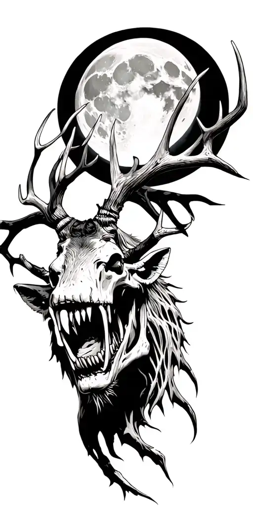 A skeletal Wendigo with deer antlers and demonic jaws, mouth open wide and fangs encircling a glowing full moon, dark ho tattoo design idea