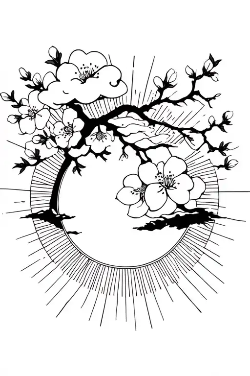 japanese cherry blossom, sun with rays, japanese clouds tattoo design idea