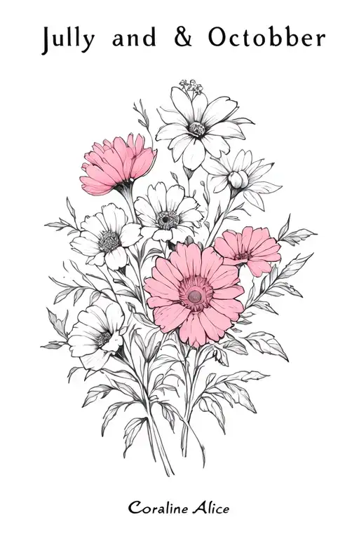 "Coraline Alice" july and october birth flowers intertwined tattoo design idea