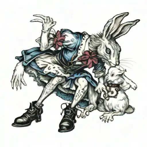 Sexy Alice in Wonderland on her knees wearing collar with locket tag in front of evil white rabbit holding key and leash tattoo design idea