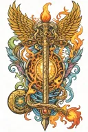 caduceus intertwined with Dna and double edge sword on fire with chakra colour and 3rd eye tattoo design idea