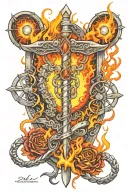 caduceus intertwined with Dna and double edge sword on fire with chakra colour and 3rd eye tattoo design idea