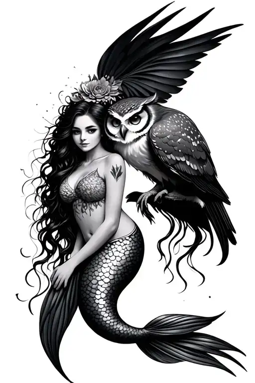 mermaid and owl wearing tattoo design idea