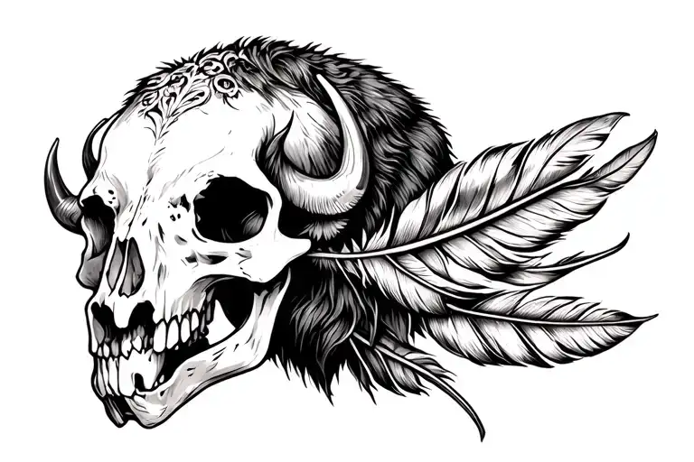 Crâne bison skull with feather tattoo design idea