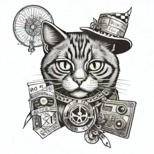 A tattoo design of a cat wearing alternative fashion clothing, surrounded by music festival wristbands and concert tickets, representing the client's love for cats and music festivals tattoo design idea