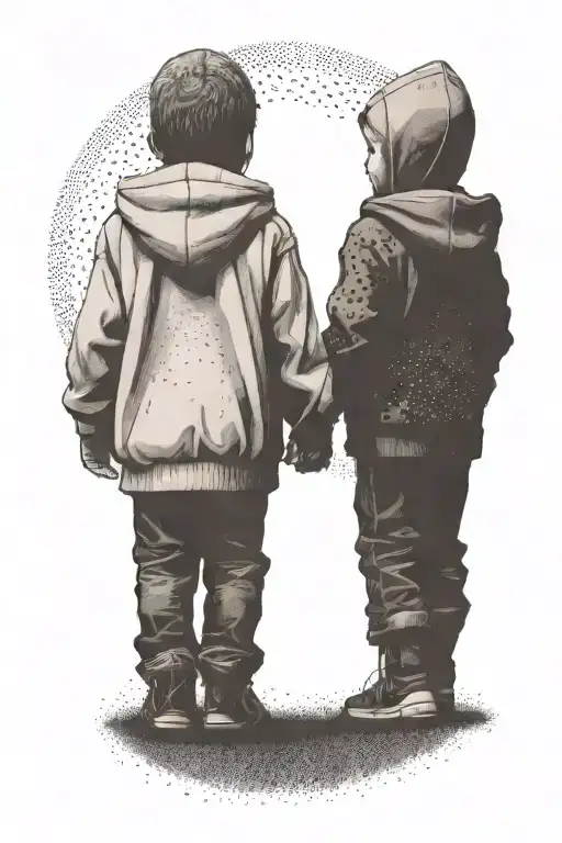 a siloutte of 2 toddler brothers wearing hoodies one a lot taller than the other walking away holding hands tattoo design idea