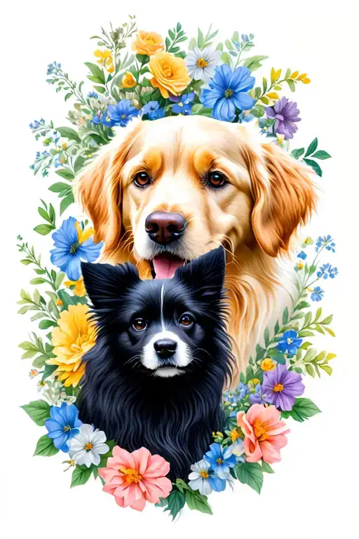 2 dogs. Golden Retriever cream, one ear folded. Black Spitz, only tiny white chest streak, black nose. Flowers around. tattoo design idea