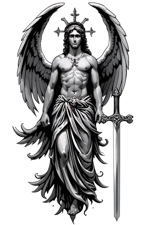 "Seven Three Two"  st. michael with wings and sword tattoo design idea