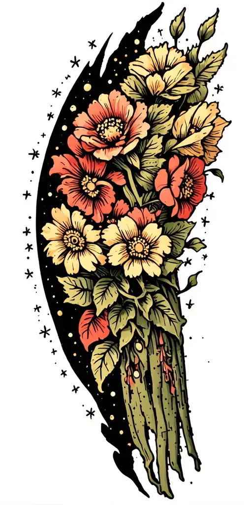 small sailor Jerry flowers surrounded by big black negative spaces embellished with micro twinkles and crosses  tattoo design idea