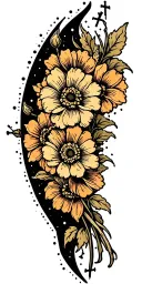 small sailor Jerry flowers surrounded by big black negative spaces embellished with micro twinkles and crosses  tattoo design idea
