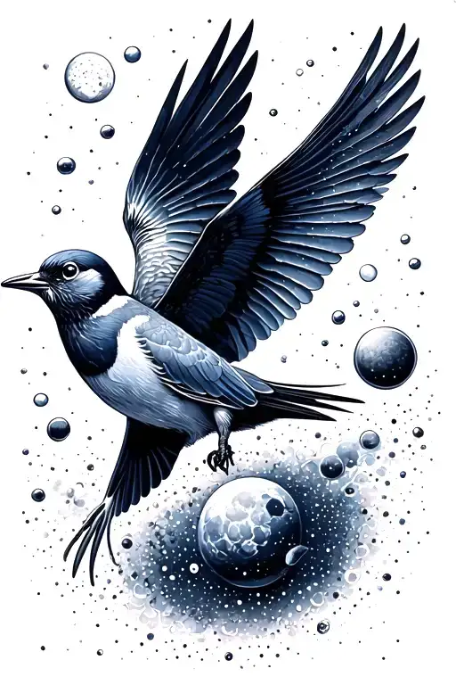 bird flying into the cosmos with bubble universes tattoo design idea