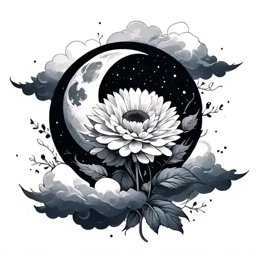 Clouds with moon and chrysanthemum tattoo design idea