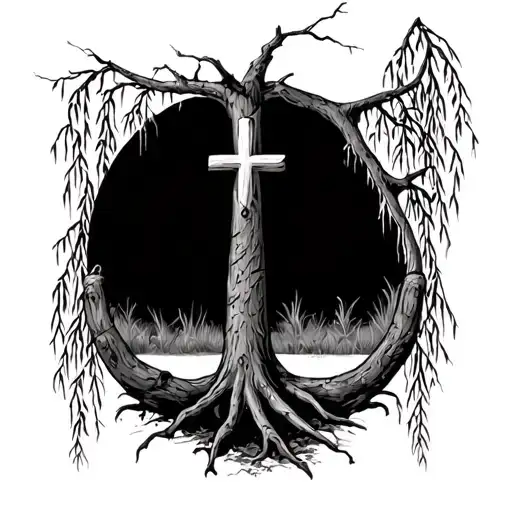 weeping willow tree with small cross on trunk and horse hoove prints tattoo design idea