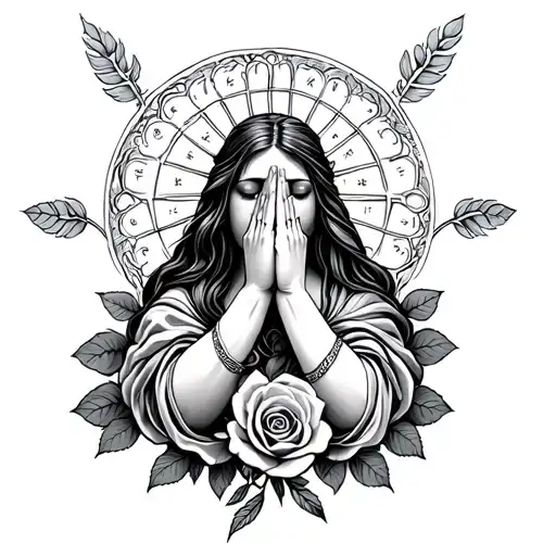 sandra with praying hands and rosery wrapped around the hand tattoo design idea