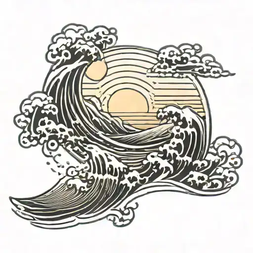 Minimalistic fine line sunrise with a wave that outlines “Huynh” tattoo design idea