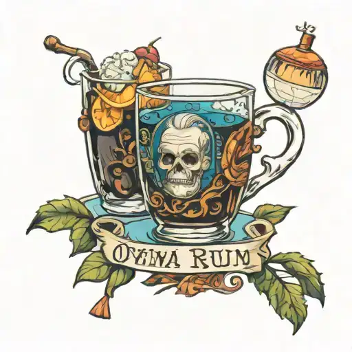 Glass of Ovd rum and cup of tea with nana and grandad in banner  tattoo design idea