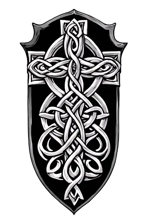 combine Celtic cross with Celtic shield knot intertwined tattoo design idea