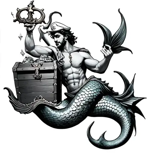 Gay sailor merman playing a triton holding a treasure chest tattoo design idea