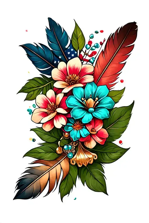feathers, american flag, green leaves, turquoise jewelry, flowers, scrolled leather tattoo design idea